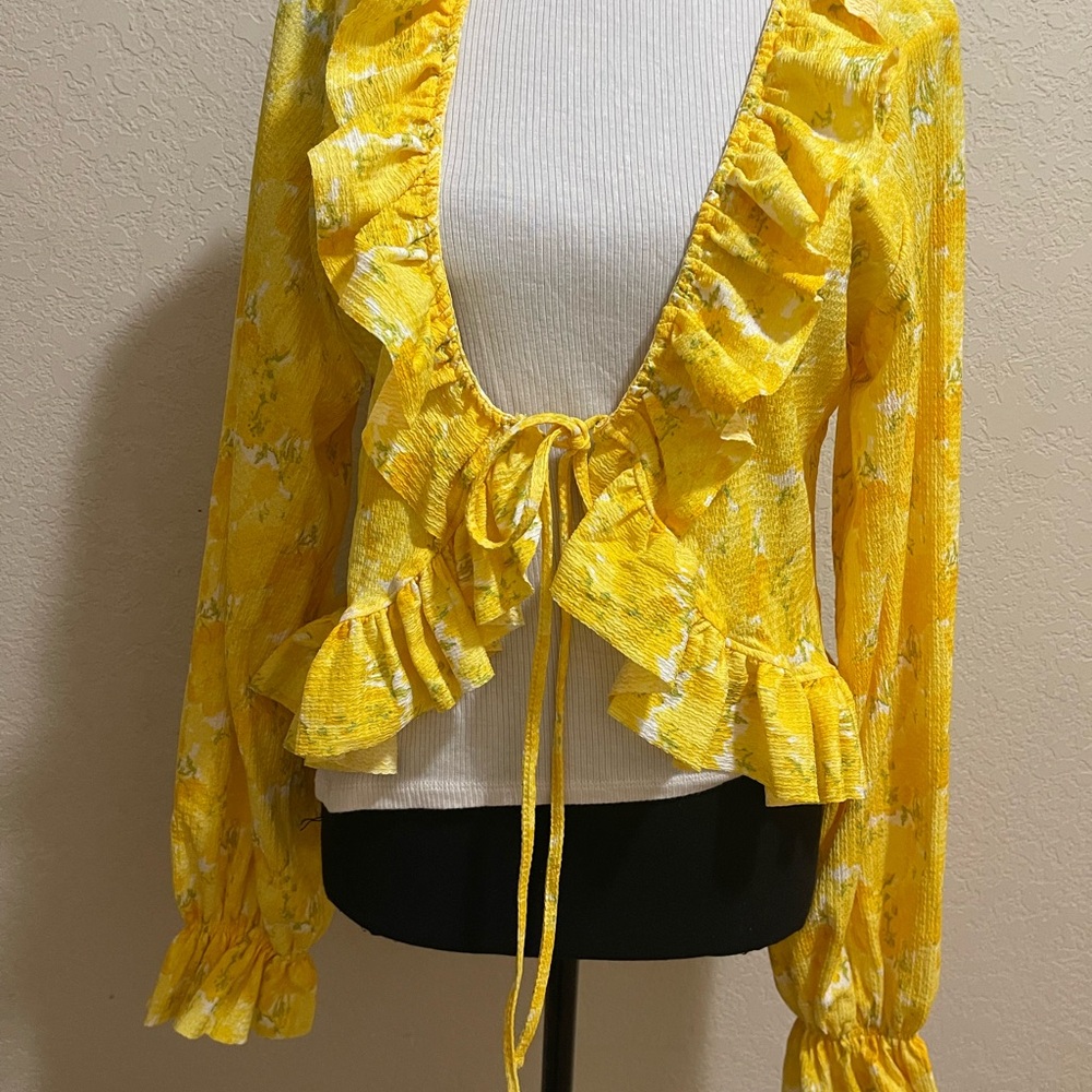 Zara Yellow Ruffle Lace Tie-Front Blouse - Picture 2 of 6